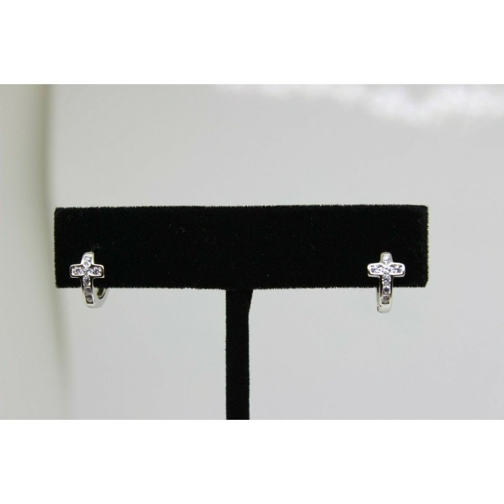 Silver CZ Cross Huggie Hoop Earrings